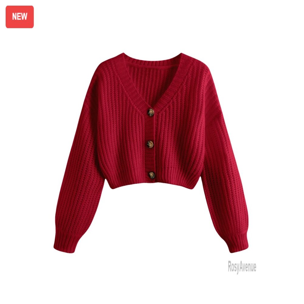 Cropped Cardigan Sweater Lightweight Chunky Knit Button Up Long Sleeve Trendy